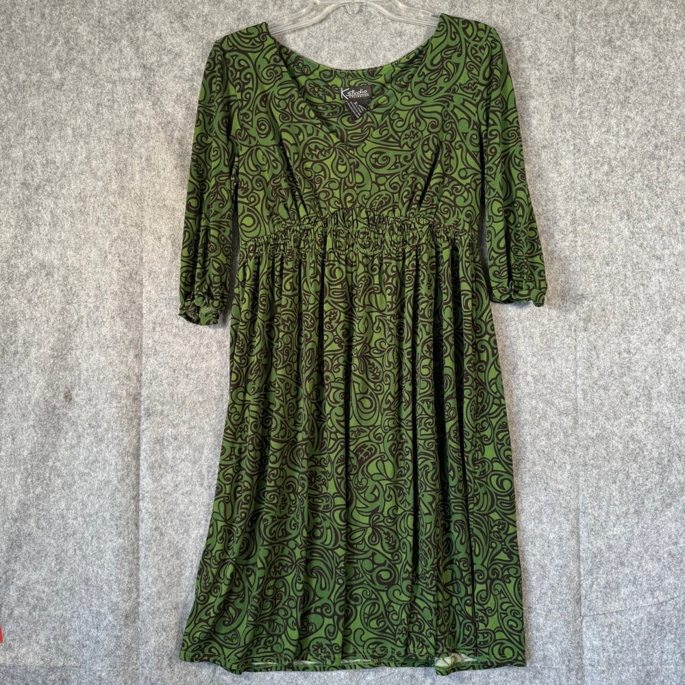 Y2K Babydoll Paisley Midi Dress Womens 10 Green Brown Empire Waist Slinky